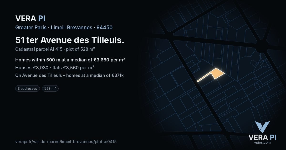 51 ter Avenue des Tilleuls, Limeil-Brévannes at night – the plot lit, the parcels around coloured by the prices near them