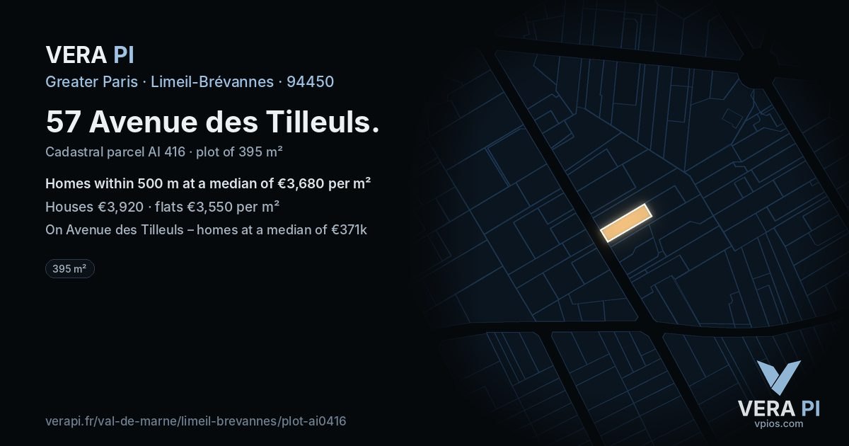 57 Avenue des Tilleuls, Limeil-Brévannes at night – the plot lit, the parcels around coloured by the prices near them