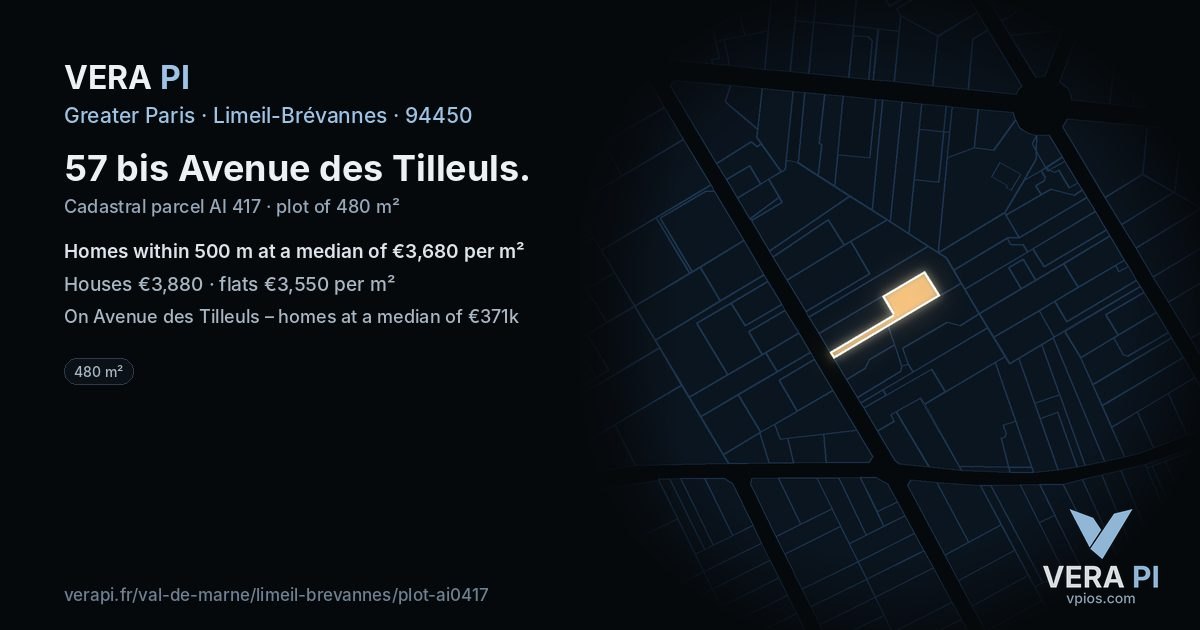 57 bis Avenue des Tilleuls, Limeil-Brévannes at night – the plot lit, the parcels around coloured by the prices near them