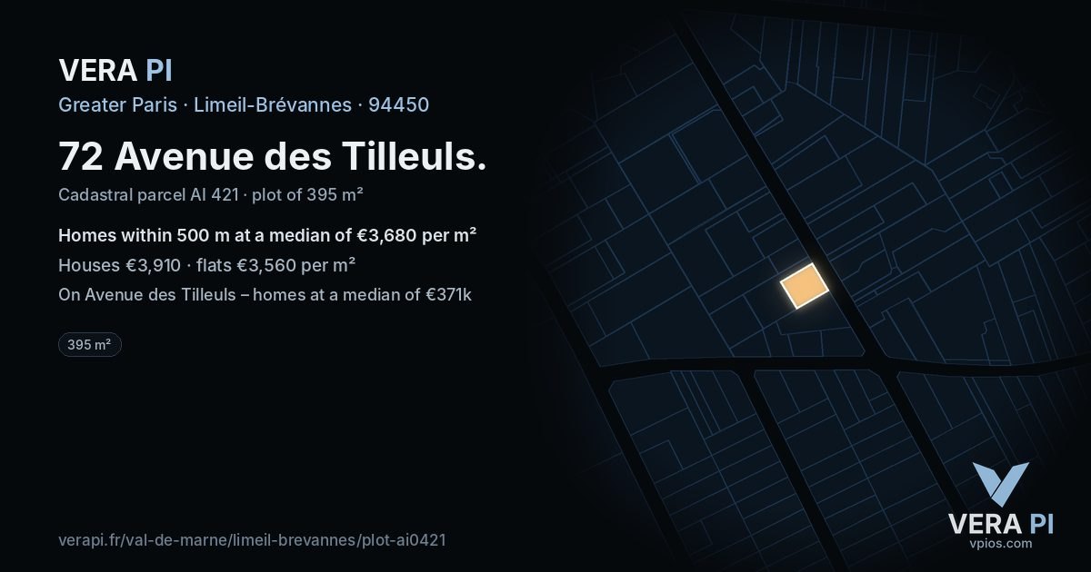 72 Avenue des Tilleuls, Limeil-Brévannes at night – the plot lit, the parcels around coloured by the prices near them
