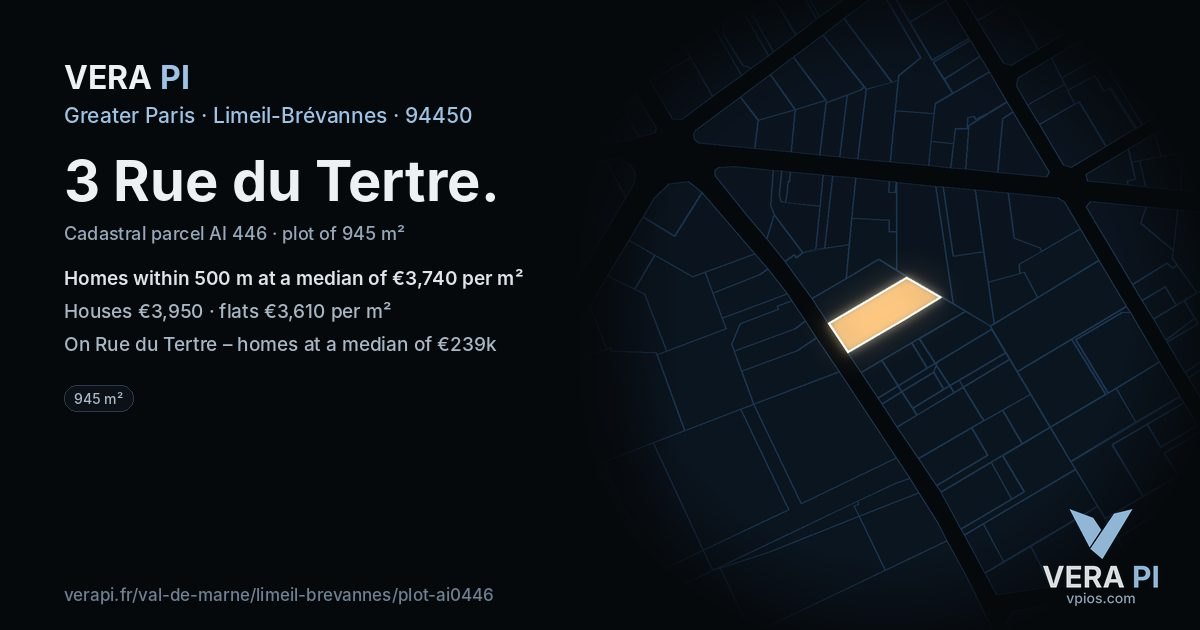 3 Rue du Tertre, Limeil-Brévannes at night – the plot lit, the parcels around coloured by the prices near them