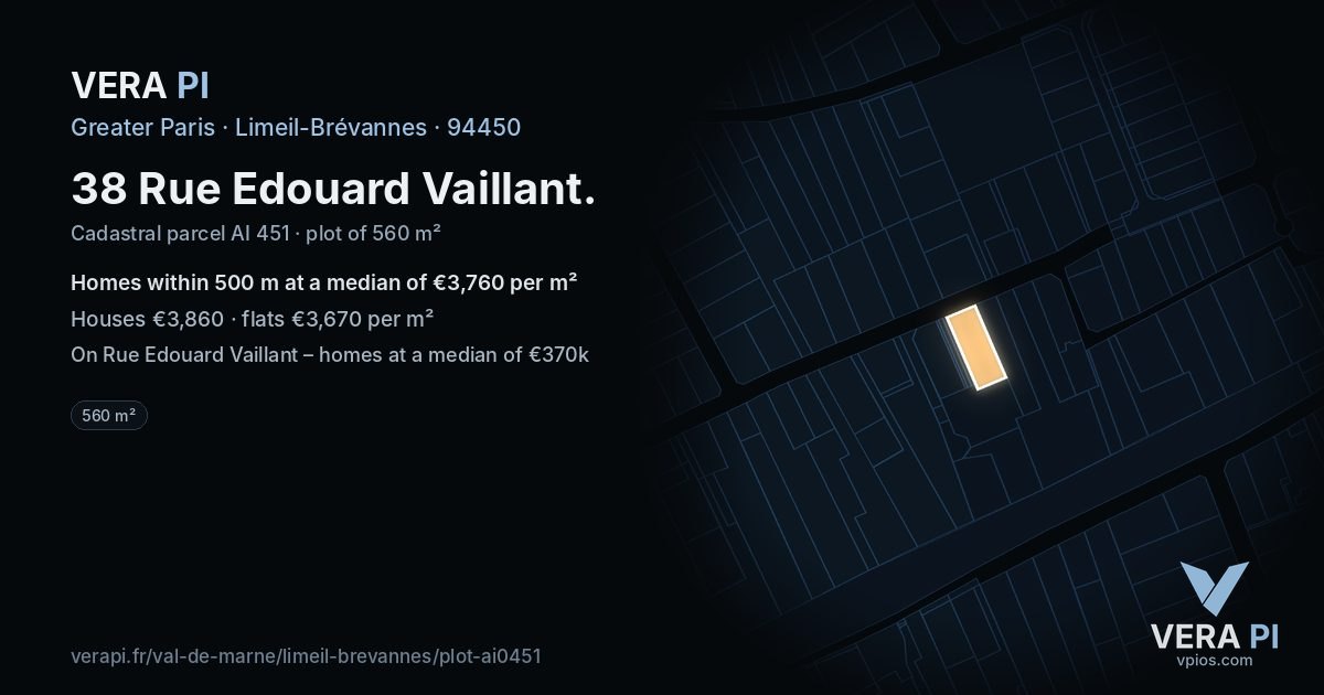 38 Rue Edouard Vaillant, Limeil-Brévannes at night – the plot lit, the parcels around coloured by the prices near them