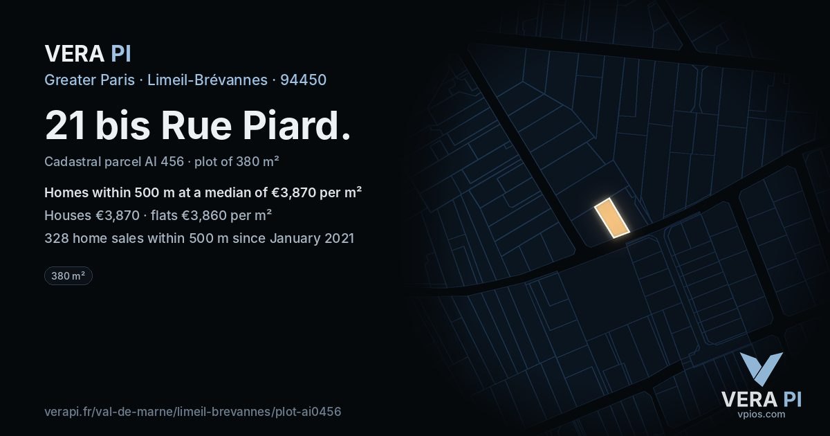21 bis Rue Piard, Limeil-Brévannes at night – the plot lit, the parcels around coloured by the prices near them
