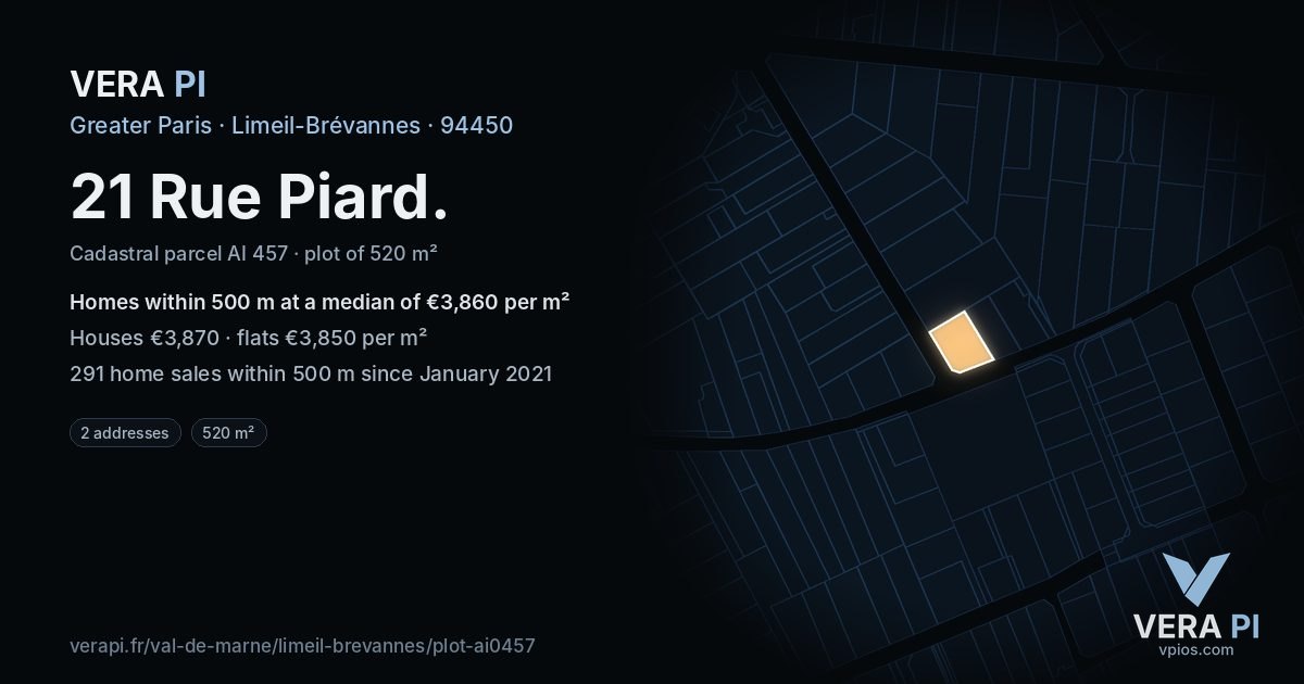 21 Rue Piard, Limeil-Brévannes at night – the plot lit, the parcels around coloured by the prices near them