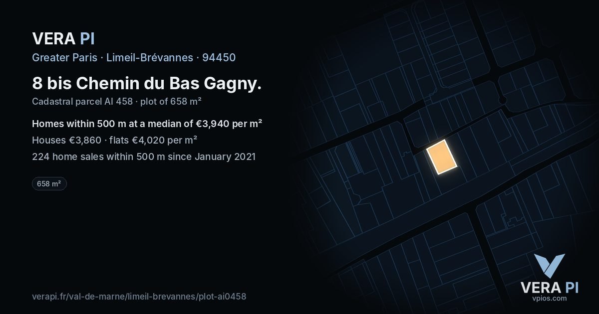 8 bis Chemin du Bas Gagny, Limeil-Brévannes at night – the plot lit, the parcels around coloured by the prices near them