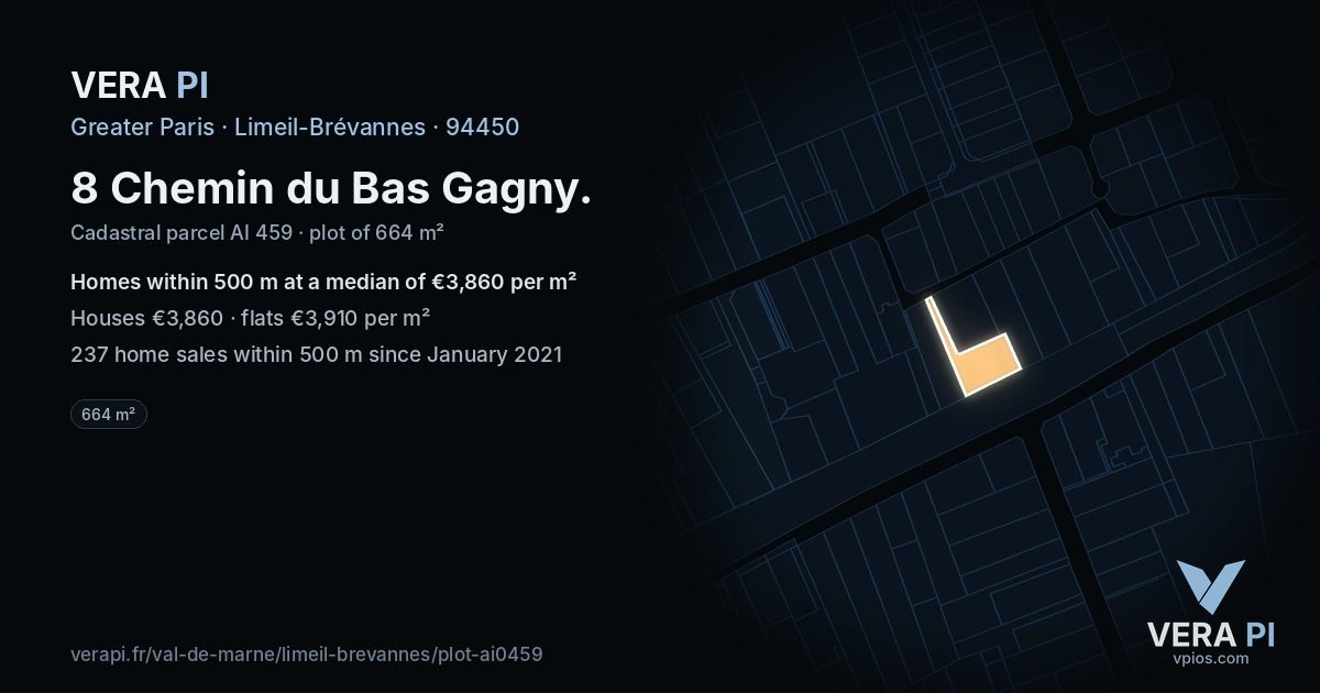 8 Chemin du Bas Gagny, Limeil-Brévannes at night – the plot lit, the parcels around coloured by the prices near them