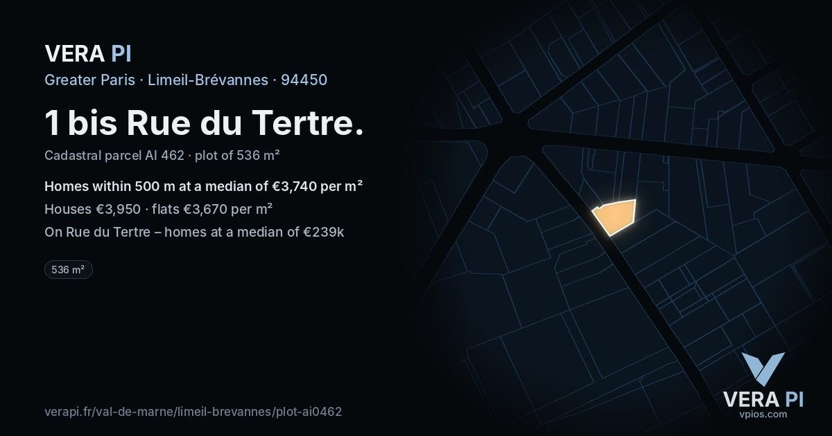 1 bis Rue du Tertre, Limeil-Brévannes at night – the plot lit, the parcels around coloured by the prices near them