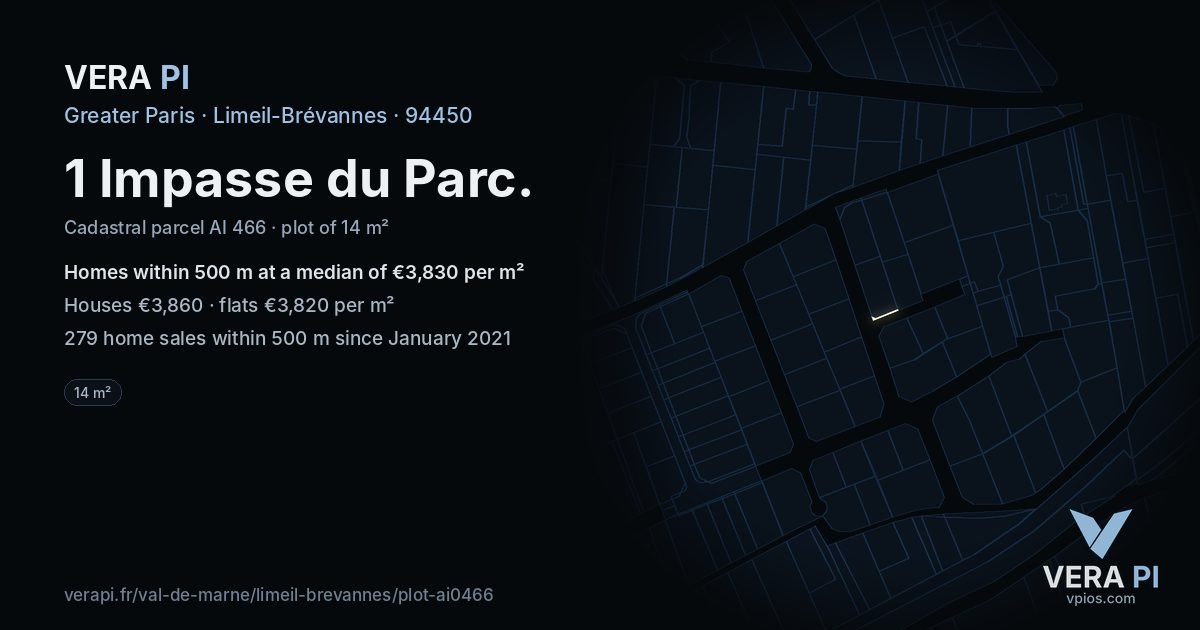 1 Impasse du Parc, Limeil-Brévannes at night – the plot lit, the parcels around coloured by the prices near them