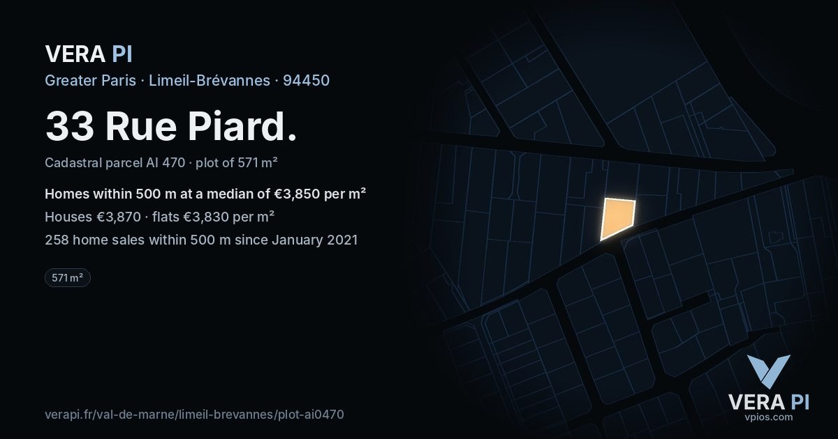 33 Rue Piard, Limeil-Brévannes at night – the plot lit, the parcels around coloured by the prices near them