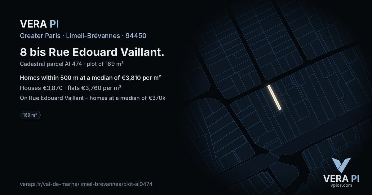 8 bis Rue Edouard Vaillant, Limeil-Brévannes at night – the plot lit, the parcels around coloured by the prices near them