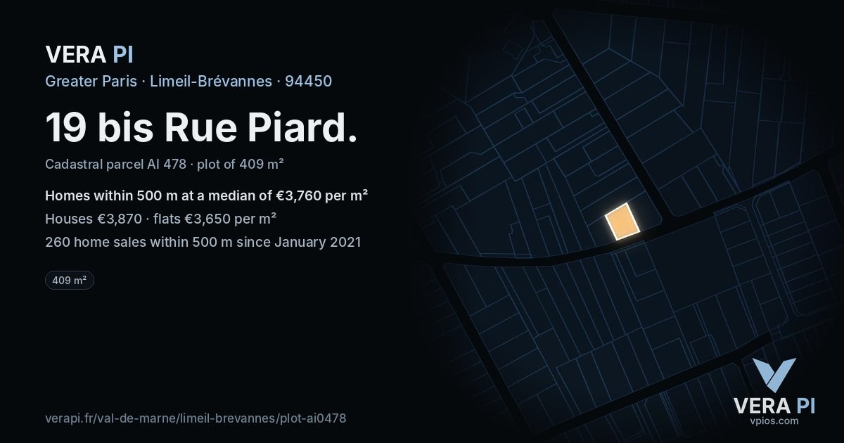 19 bis Rue Piard, Limeil-Brévannes at night – the plot lit, the parcels around coloured by the prices near them