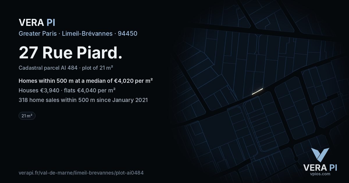 27 Rue Piard, Limeil-Brévannes at night – the plot lit, the parcels around coloured by the prices near them