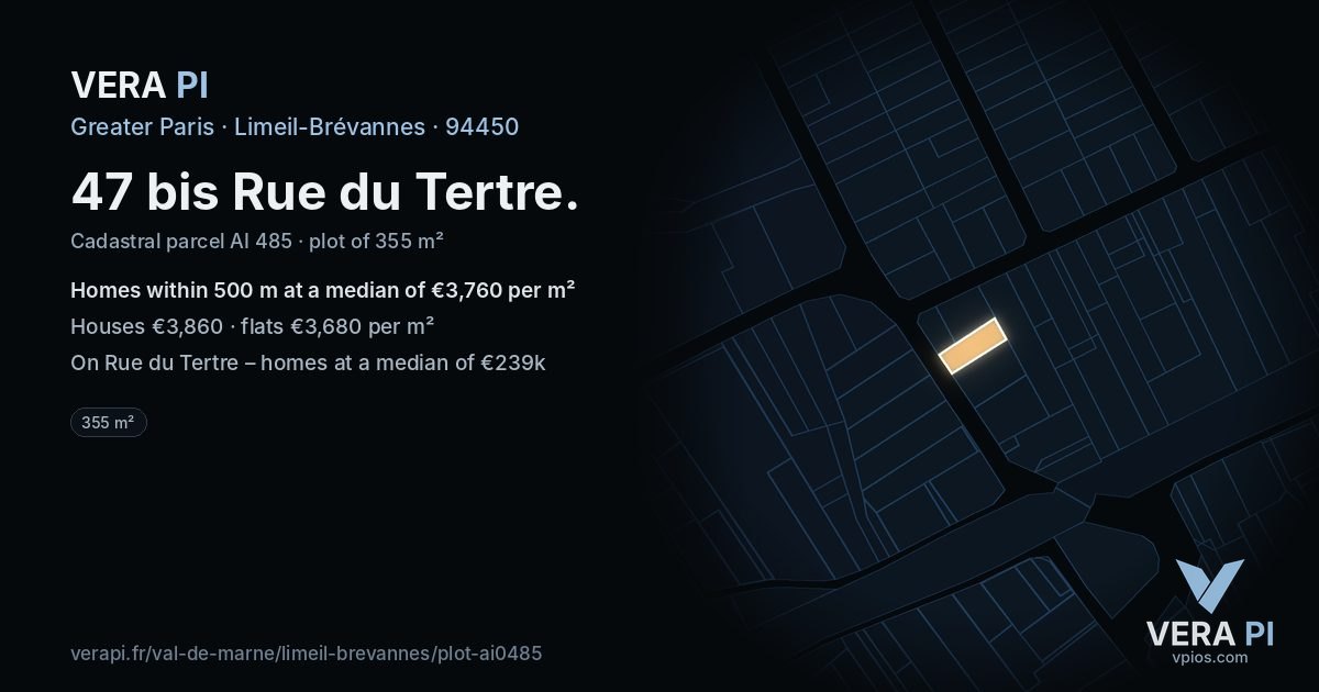 47 bis Rue du Tertre, Limeil-Brévannes at night – the plot lit, the parcels around coloured by the prices near them
