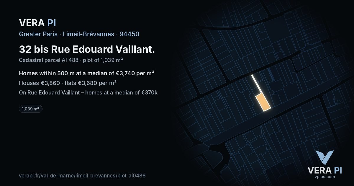32 bis Rue Edouard Vaillant, Limeil-Brévannes at night – the plot lit, the parcels around coloured by the prices near them