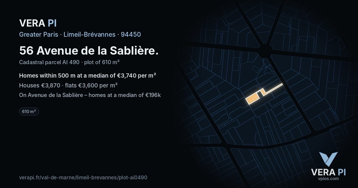 56 Avenue de la Sablière, Limeil-Brévannes at night – the plot lit, the parcels around coloured by the prices near them