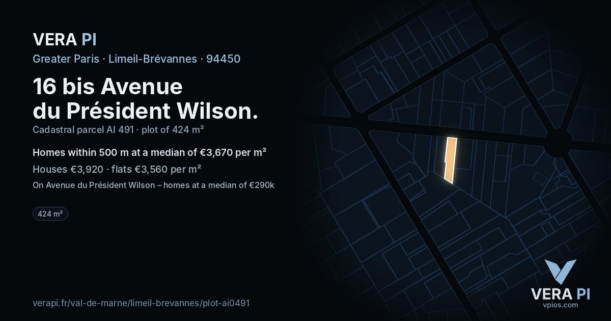 16 bis Avenue du Président Wilson, Limeil-Brévannes at night – the plot lit, the parcels around coloured by the prices near them