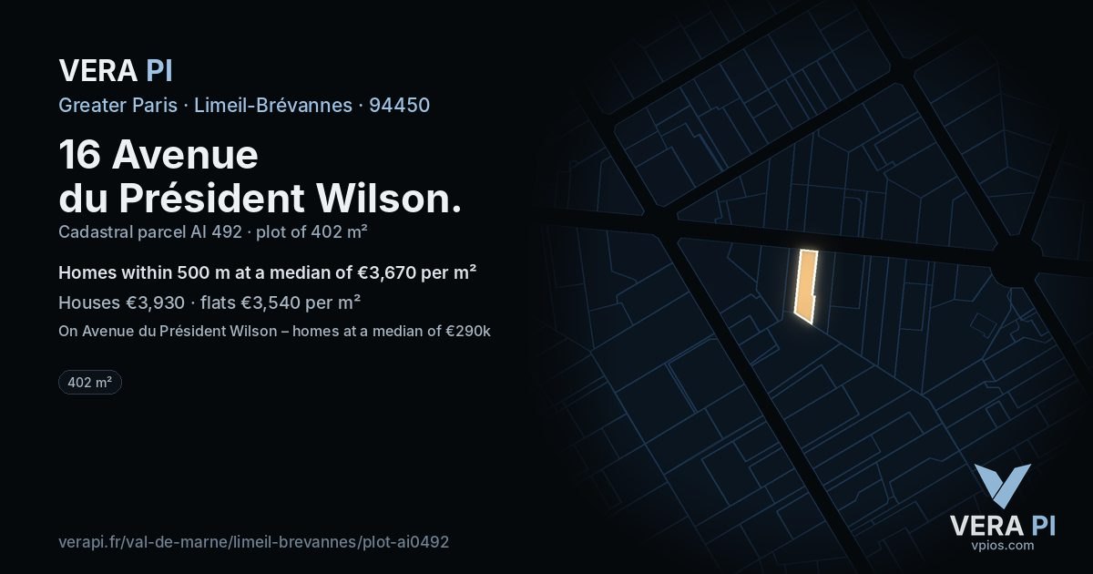 16 Avenue du Président Wilson, Limeil-Brévannes at night – the plot lit, the parcels around coloured by the prices near them