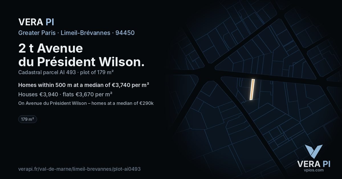 2 t Avenue du Président Wilson, Limeil-Brévannes at night – the plot lit, the parcels around coloured by the prices near them