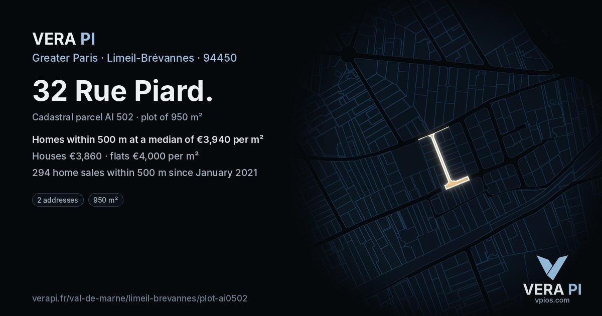 32 Rue Piard, Limeil-Brévannes at night – the plot lit, the parcels around coloured by the prices near them