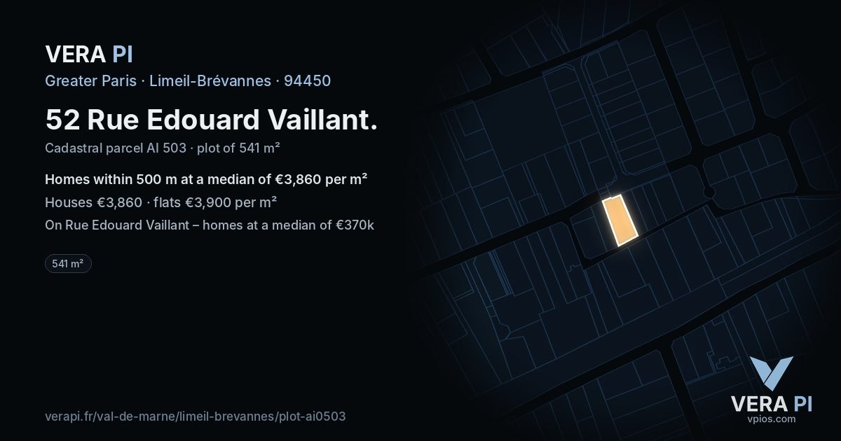 52 Rue Edouard Vaillant, Limeil-Brévannes at night – the plot lit, the parcels around coloured by the prices near them