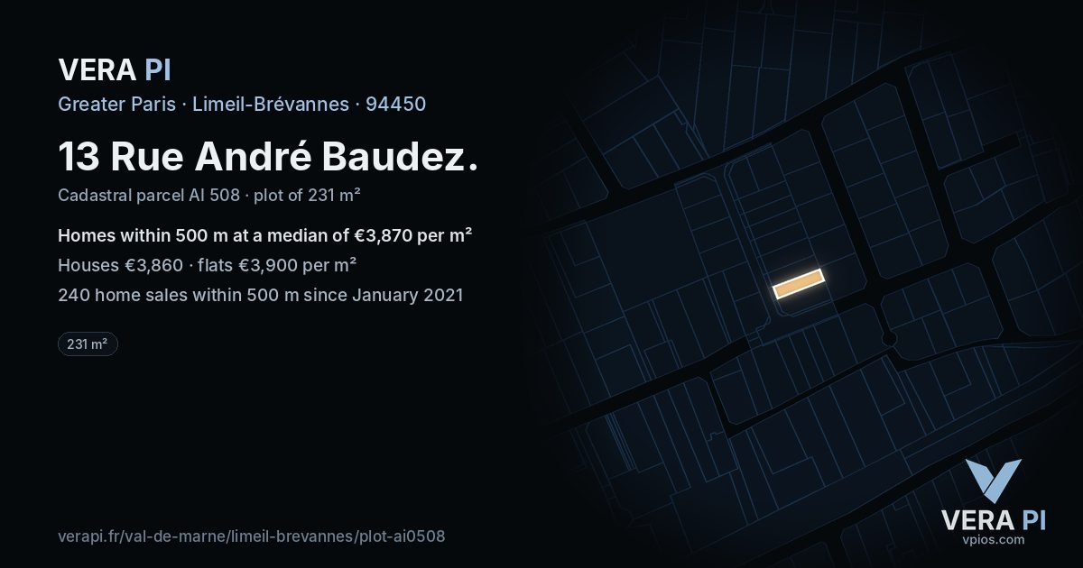 13 Rue André Baudez, Limeil-Brévannes at night – the plot lit, the parcels around coloured by the prices near them