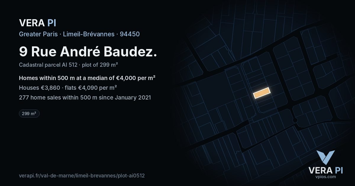 9 Rue André Baudez, Limeil-Brévannes at night – the plot lit, the parcels around coloured by the prices near them