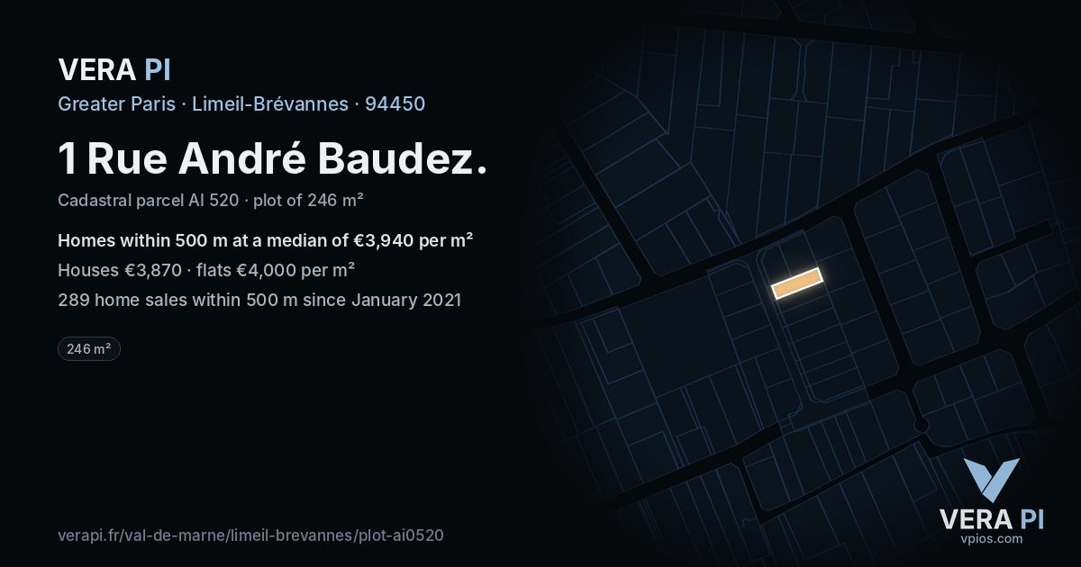 1 Rue André Baudez, Limeil-Brévannes at night – the plot lit, the parcels around coloured by the prices near them
