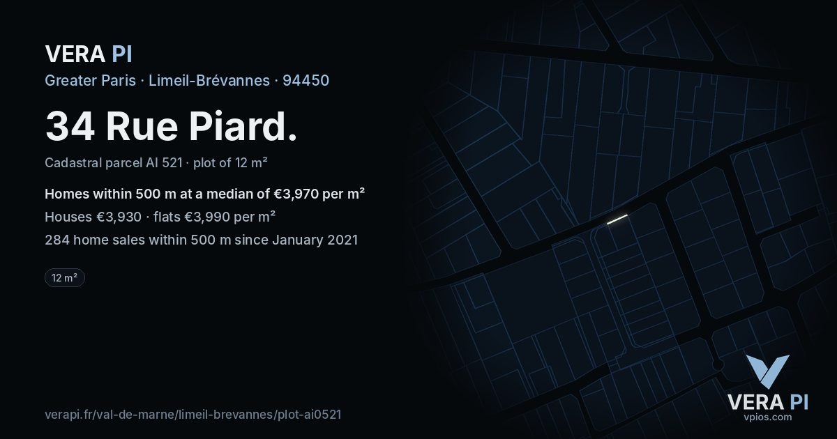 34 Rue Piard, Limeil-Brévannes at night – the plot lit, the parcels around coloured by the prices near them