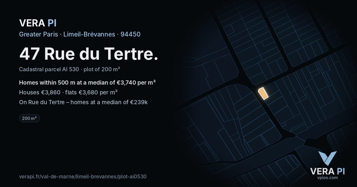 47 Rue du Tertre, Limeil-Brévannes at night – the plot lit, the parcels around coloured by the prices near them