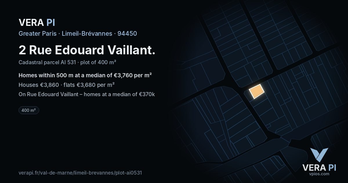 2 Rue Edouard Vaillant, Limeil-Brévannes at night – the plot lit, the parcels around coloured by the prices near them