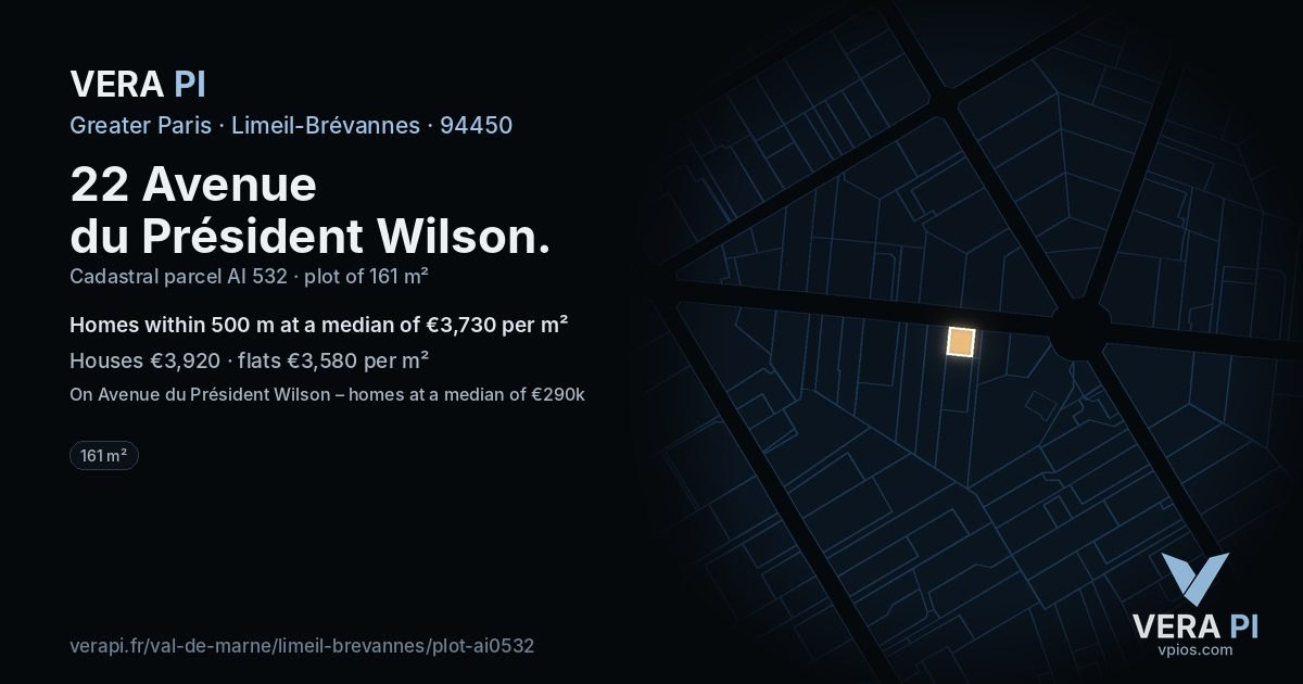 22 Avenue du Président Wilson, Limeil-Brévannes at night – the plot lit, the parcels around coloured by the prices near them