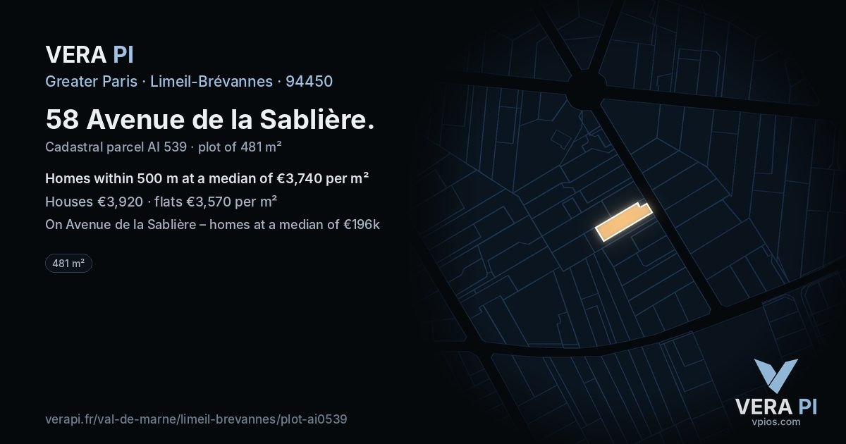 58 Avenue de la Sablière, Limeil-Brévannes at night – the plot lit, the parcels around coloured by the prices near them