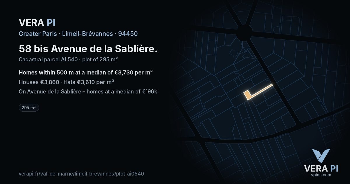 58 bis Avenue de la Sablière, Limeil-Brévannes at night – the plot lit, the parcels around coloured by the prices near them