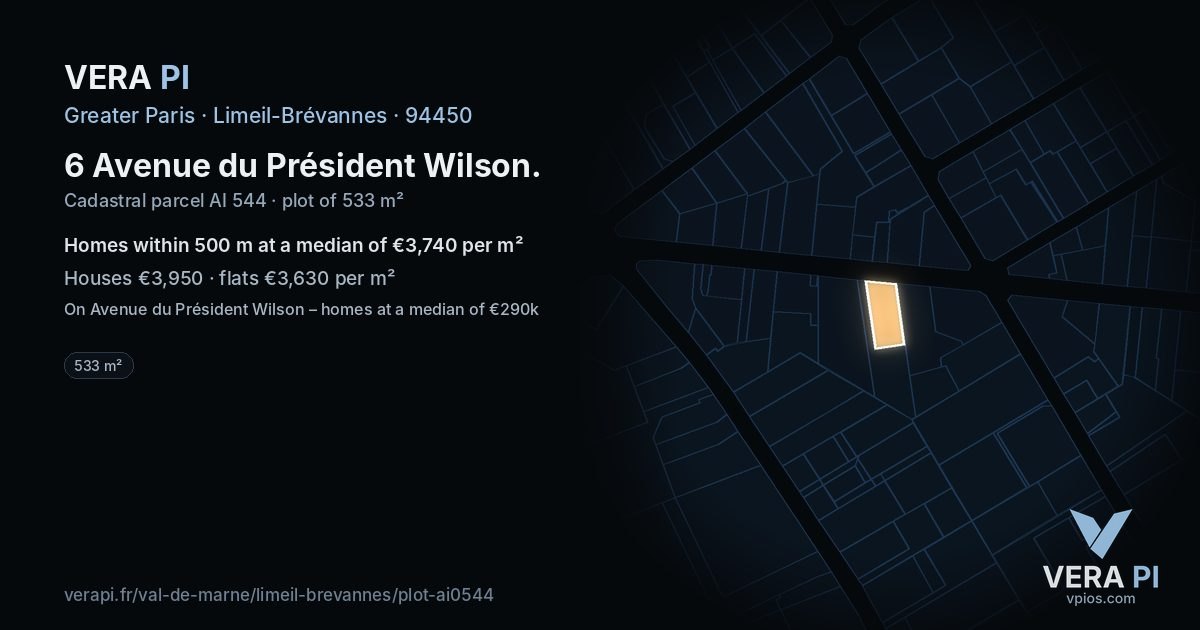 6 Avenue du Président Wilson, Limeil-Brévannes at night – the plot lit, the parcels around coloured by the prices near them