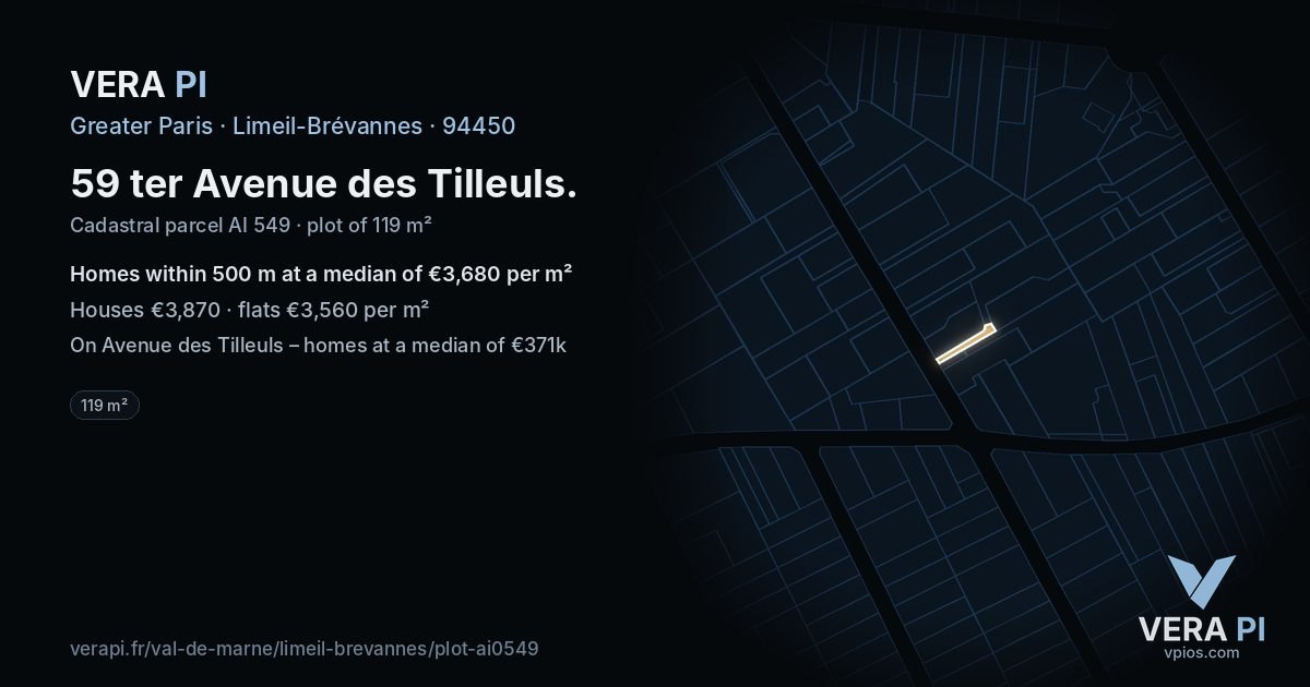 59 ter Avenue des Tilleuls, Limeil-Brévannes at night – the plot lit, the parcels around coloured by the prices near them