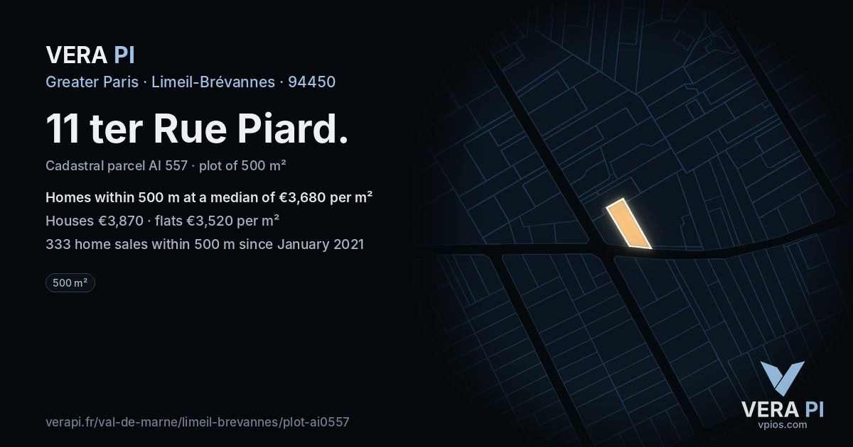 11 ter Rue Piard, Limeil-Brévannes at night – the plot lit, the parcels around coloured by the prices near them