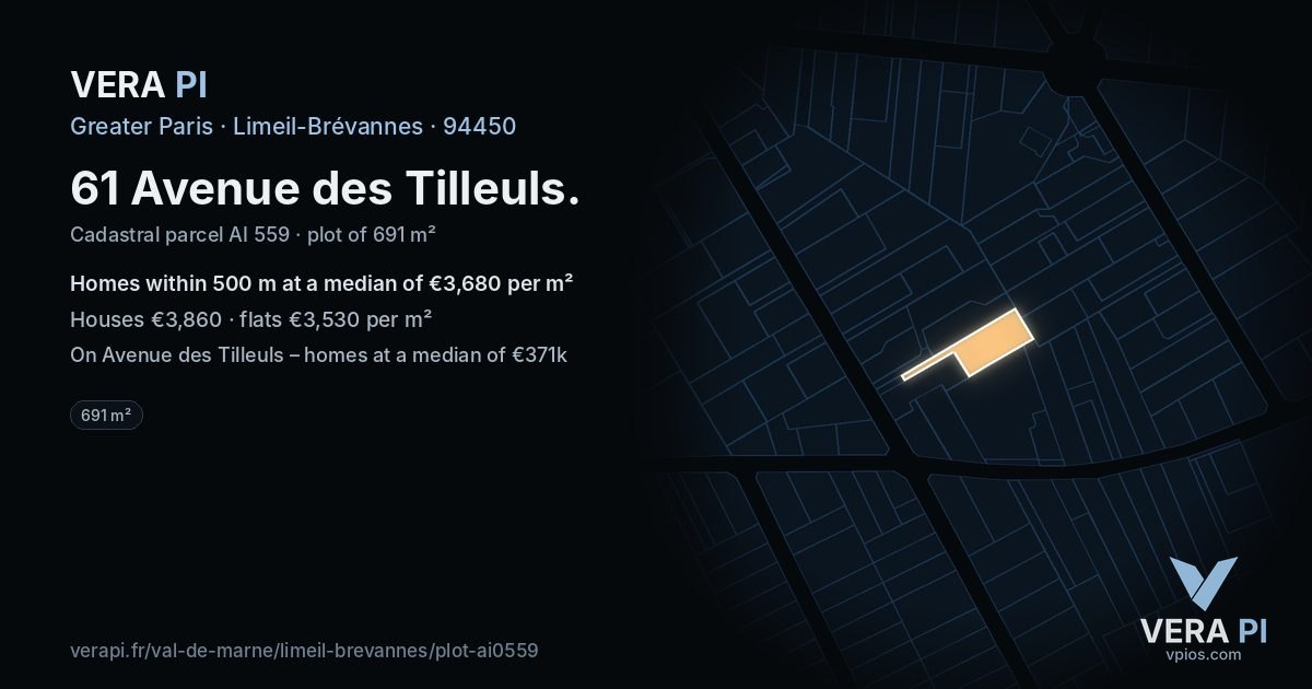 61 Avenue des Tilleuls, Limeil-Brévannes at night – the plot lit, the parcels around coloured by the prices near them
