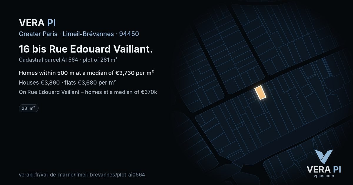 16 bis Rue Edouard Vaillant, Limeil-Brévannes at night – the plot lit, the parcels around coloured by the prices near them