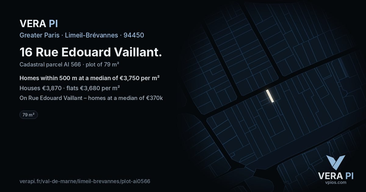 16 Rue Edouard Vaillant, Limeil-Brévannes at night – the plot lit, the parcels around coloured by the prices near them