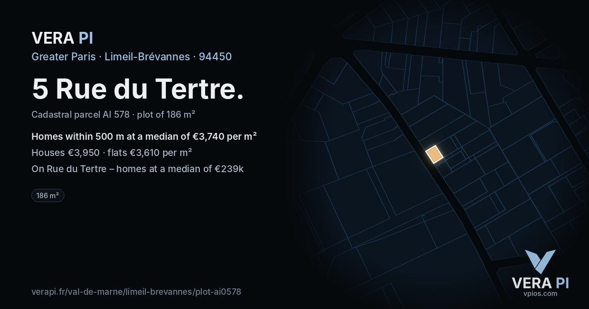 5 Rue du Tertre, Limeil-Brévannes at night – the plot lit, the parcels around coloured by the prices near them