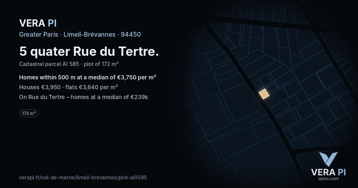 5 quater Rue du Tertre, Limeil-Brévannes at night – the plot lit, the parcels around coloured by the prices near them