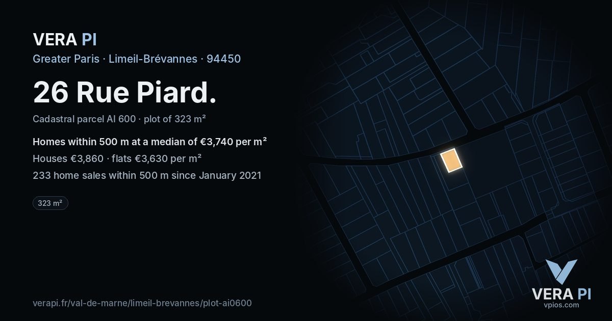 26 Rue Piard, Limeil-Brévannes at night – the plot lit, the parcels around coloured by the prices near them