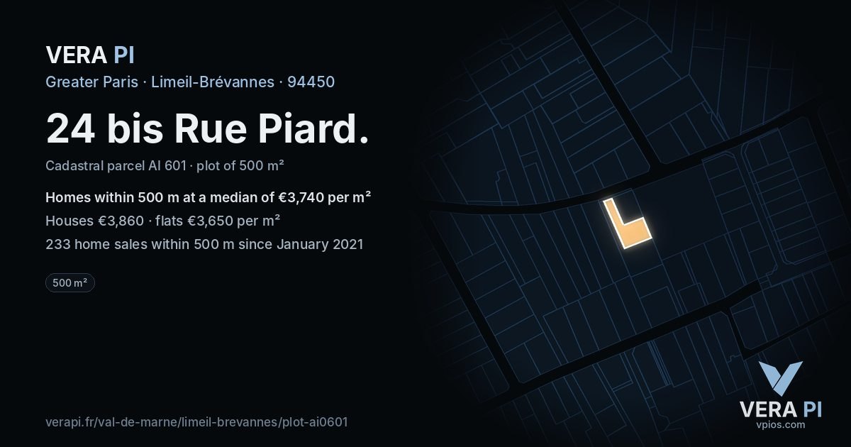 24 bis Rue Piard, Limeil-Brévannes at night – the plot lit, the parcels around coloured by the prices near them
