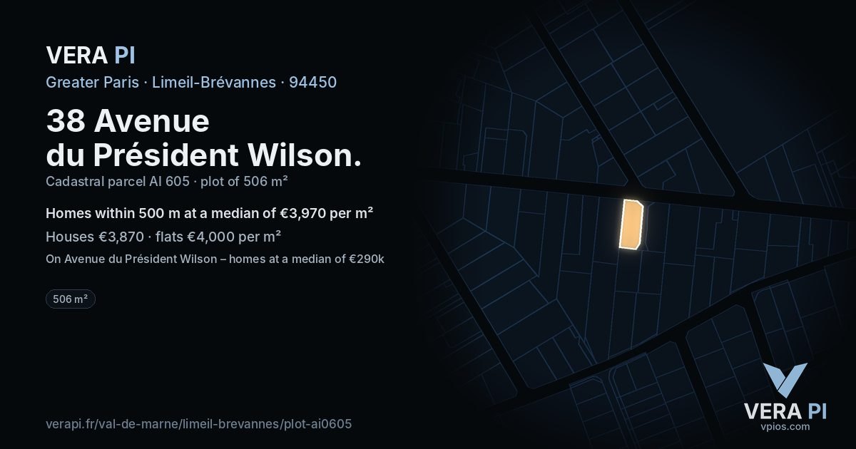 38 Avenue du Président Wilson, Limeil-Brévannes at night – the plot lit, the parcels around coloured by the prices near them