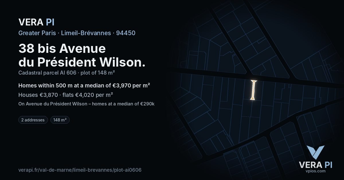 38 bis Avenue du Président Wilson, Limeil-Brévannes at night – the plot lit, the parcels around coloured by the prices near them
