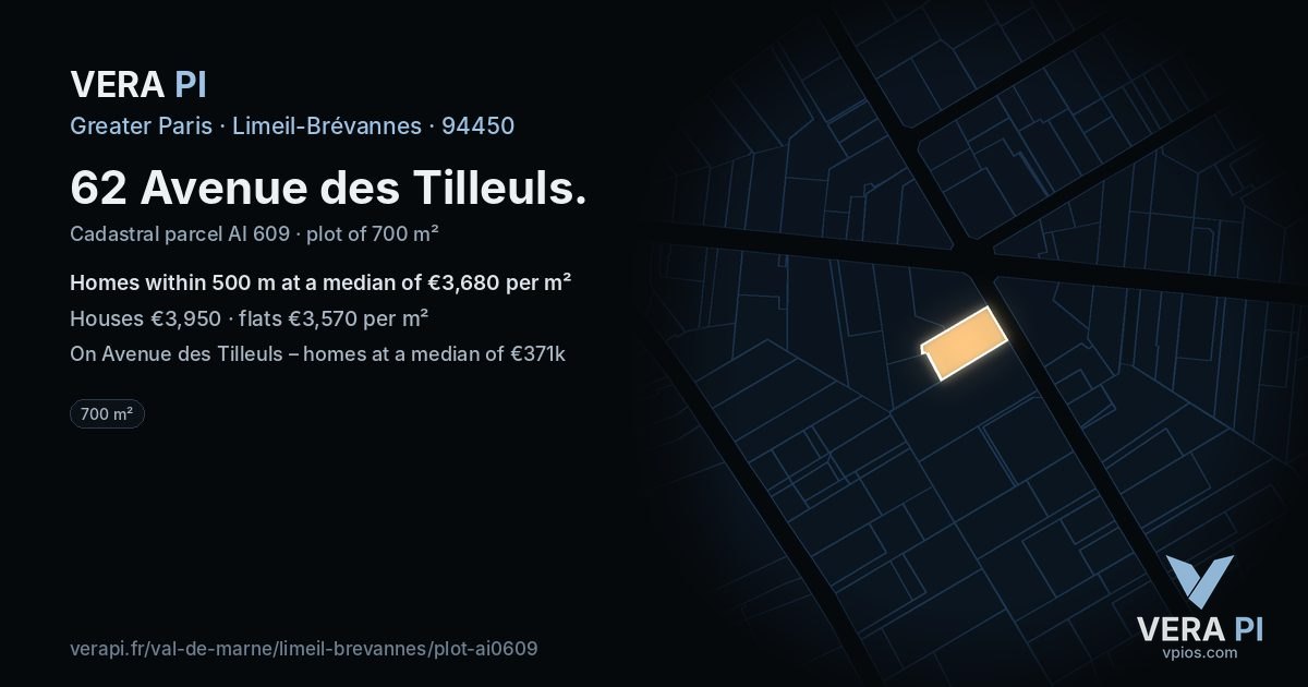62 Avenue des Tilleuls, Limeil-Brévannes at night – the plot lit, the parcels around coloured by the prices near them