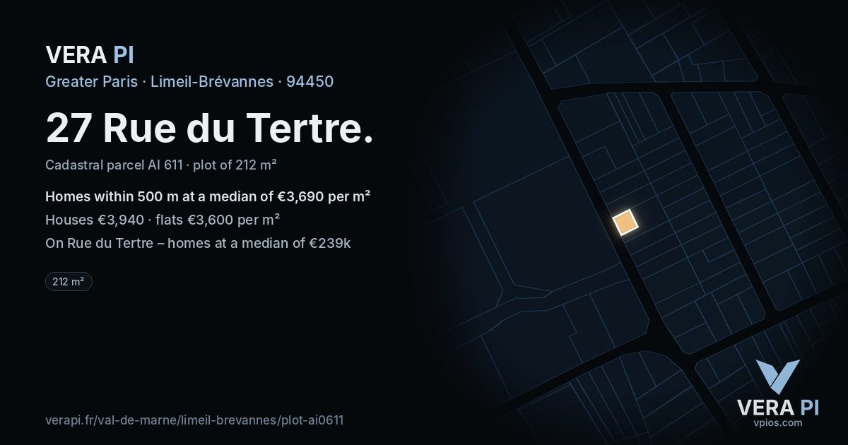 27 Rue du Tertre, Limeil-Brévannes at night – the plot lit, the parcels around coloured by the prices near them