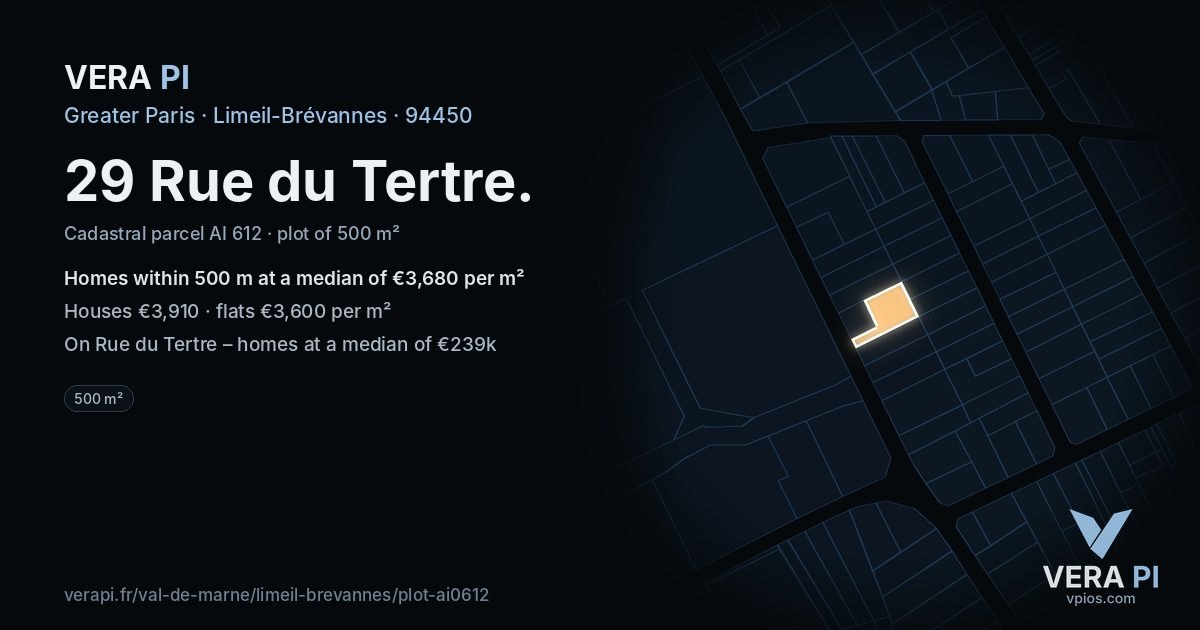 29 Rue du Tertre, Limeil-Brévannes at night – the plot lit, the parcels around coloured by the prices near them