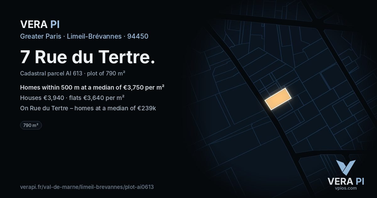 7 Rue du Tertre, Limeil-Brévannes at night – the plot lit, the parcels around coloured by the prices near them