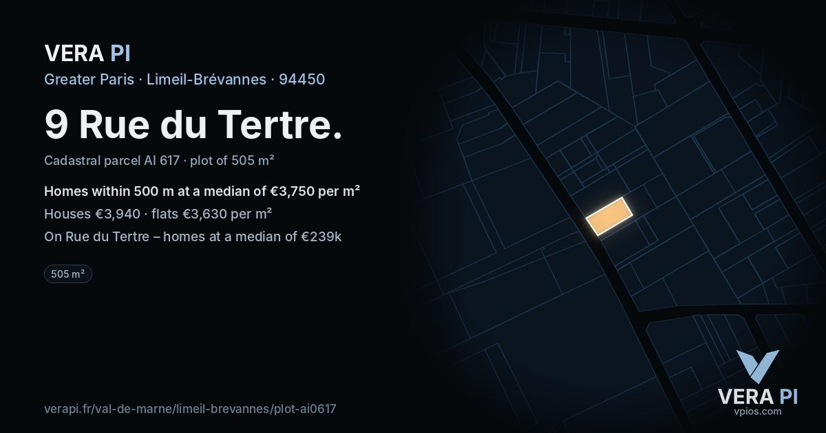 9 Rue du Tertre, Limeil-Brévannes at night – the plot lit, the parcels around coloured by the prices near them